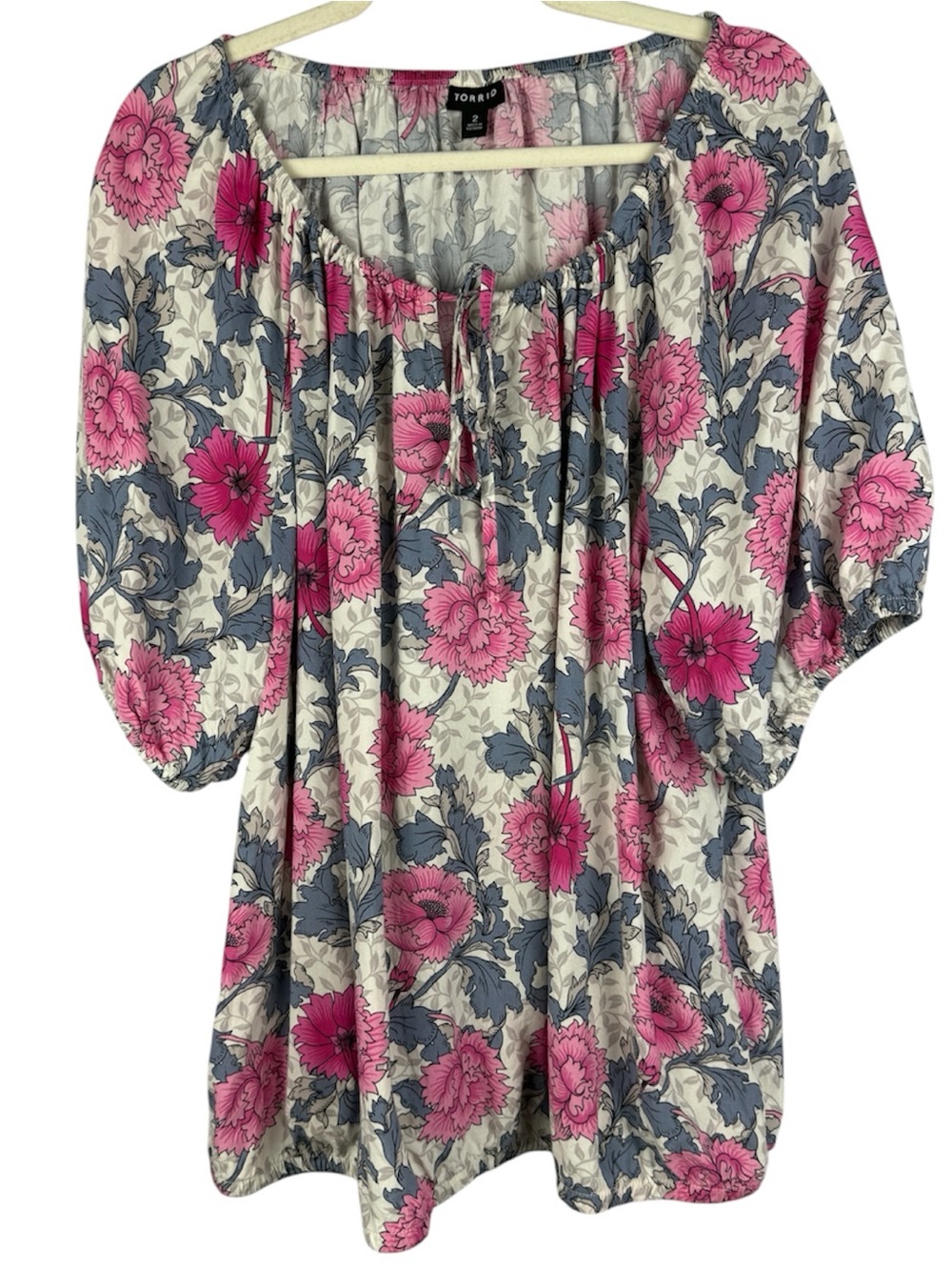 TORRID Challis Floral Peasant Top 2X Boho Elastic Tie Neck Puff Sleeve Blouse